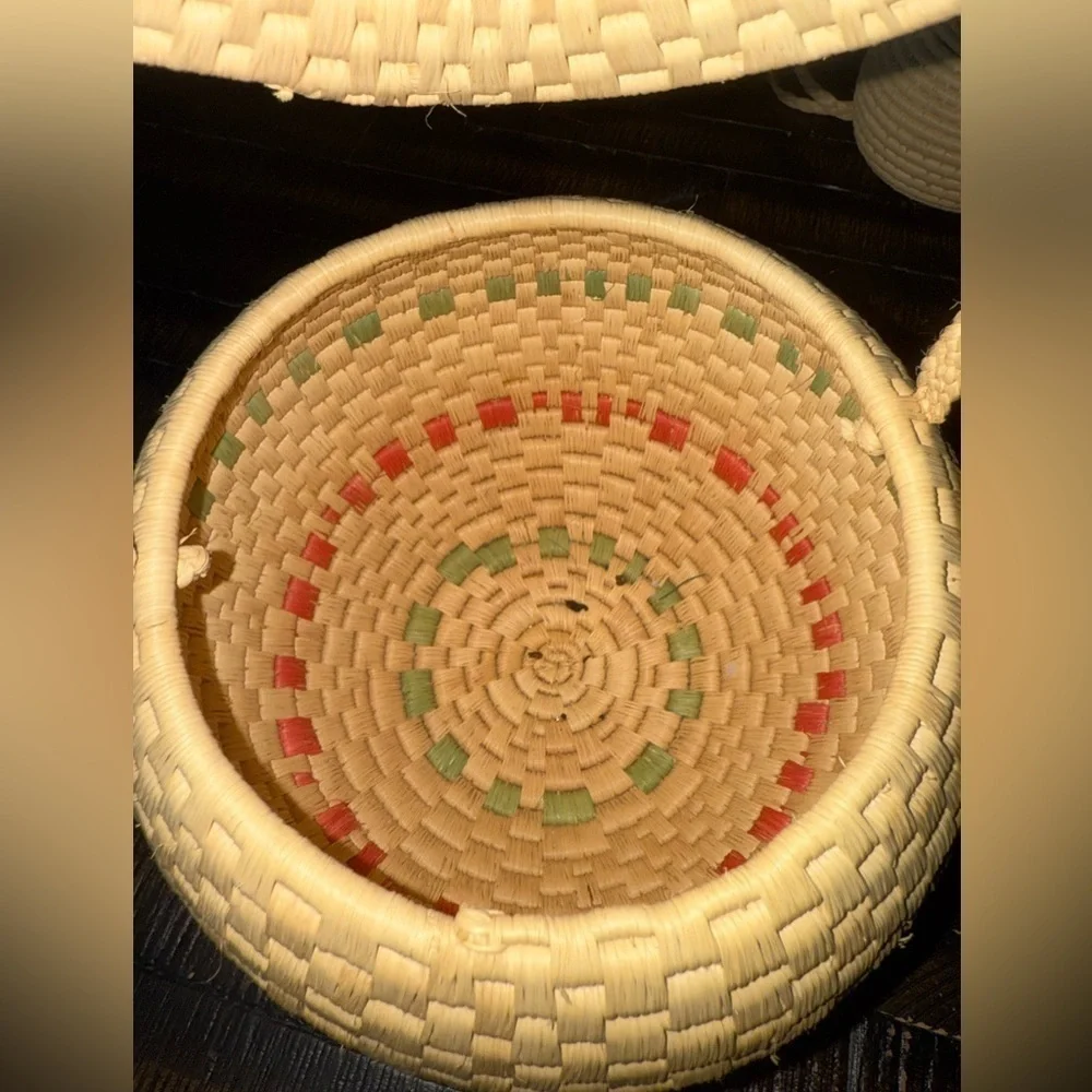Baskets Round Pair Woven Lid Long Straps & added 3 more! (5 total)